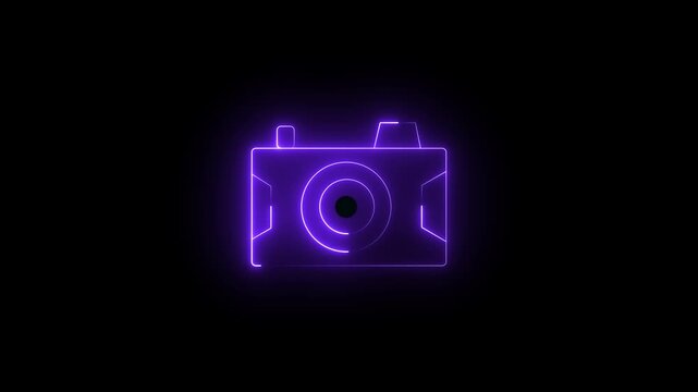 Neon camera icon animation glowing  photo camera capture camcorder digital camera frame sign symbol on black background. 4k video. Glowing neon  camera icon outline isolated on black background.