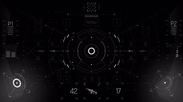 Futuristic digital heads up display interface with tactical targeting crosshair and data readouts.