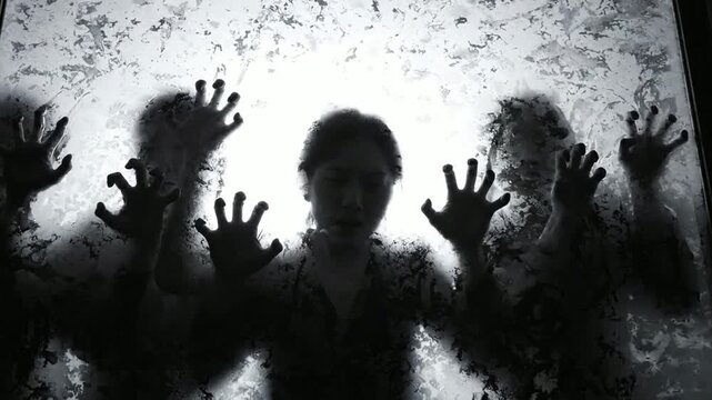 Terrifying silhouettes of people trapped behind frosted glass, horror concept for thriller and suspense projects