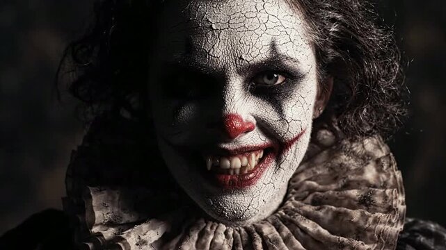 Creepy horror clown with red balloon, sinister smiling jester with sharp fangs, dark cinematic halloween character portrait