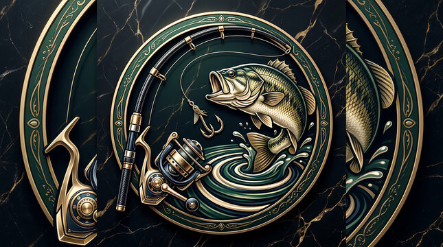 Bass fish jumping with a fishing rod and reel in a circular badge emblem design