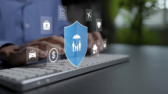 Online family insurance services concept. Person typing keyboard with family protection, vehicle shield, health guard and luggage icons, digital medical and travel policy management.