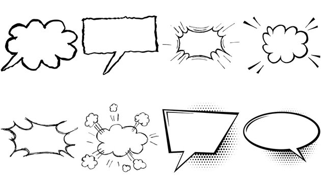 Set of hand drawn speech bubbles and thought balloons for comic design and chat messages in a simple sketch style