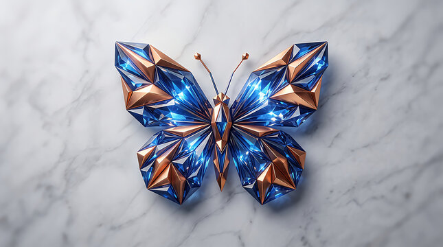 Shiny blue and gold geometric butterfly made of crystal pieces on a grey wall