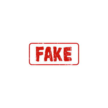 Red rubber stamp with the word fake written in a rectangle shape showing a textured grunge ink effect style