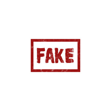 Red rubber stamp with the word fake inside a rectangular frame with a distressed texture for business use