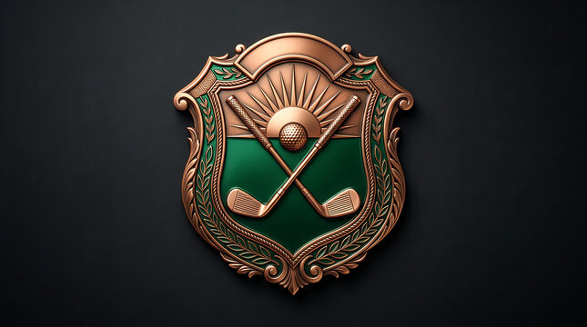 Elegant gold golf crest emblem with crossed clubs and ball on a dark background