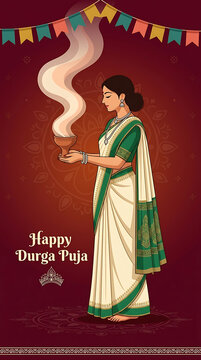 Graceful bengali woman holding smoking dhunuchi in traditional sari during durga puja and navratri festival celebration on rich maroon decorative background illustration