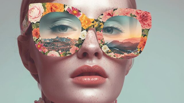 White model wearing floral sunglasses closeup editorial portrait showing sunset and rose reflections in lenses, glossy lips, dewy skin, warm gradient sky, retro
