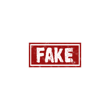 Red rubber stamp with the word fake inside a rectangular border for document authentication and warning sign