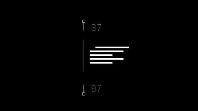 Futuristic digital interface element with changing data values and animated horizontal bar graphs.