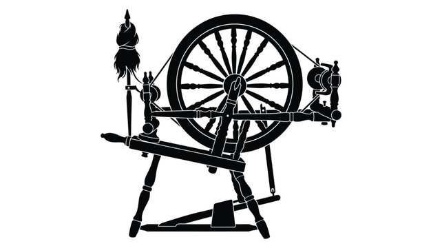 Antique spinning wheel depicted as a black silhouette