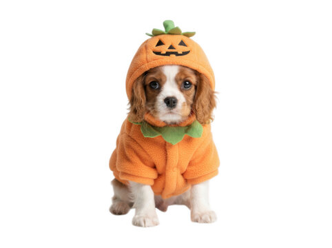 Cavalier King Charles Spaniel puppy wearing pumpkin costume isolated