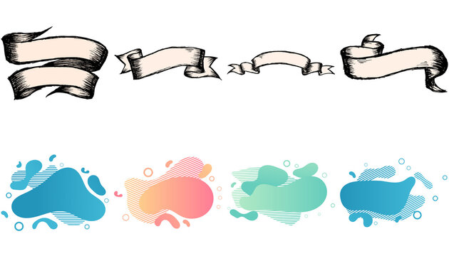 Set of hand drawn vintage ribbon banners and colorful abstract watercolor shape splashes for creative graphic design