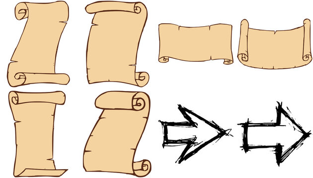 Collection of blank old paper scrolls and hand drawn arrows for design elements and creative document presentation work