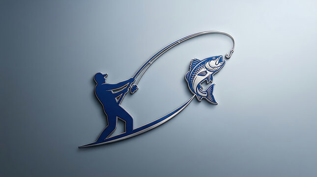 Silhouette of a fisherman catching a large fish with a rod on a blue metallic surface