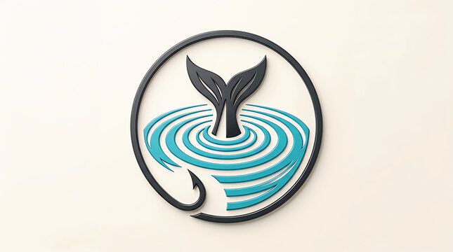 Black whale tail icon with blue water ripples inside a circular fishing hook frame