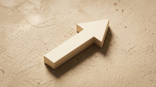 Minimalist wooden arrow pointing up on a textured neutral concrete surface with direction guidance concrete business