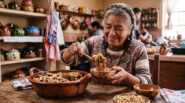 Smiling senior Mexican woman serving traditional Lent capirotada bread pudding