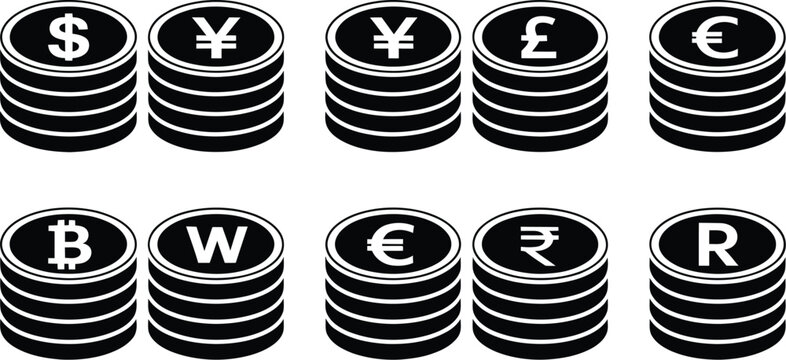 Black and white currency coin stack vector icons featuring international money symbols, exchange rates, and global finance concepts for banking, trading, and economic applications.