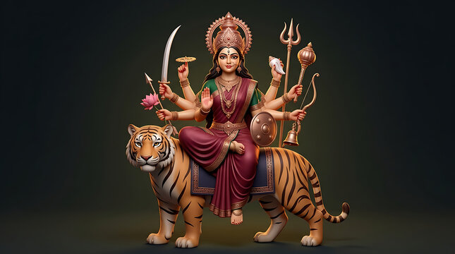 Majestic goddess durga riding tiger with multiple symbolic weapons in detailed devotional illustration for durga puja and navratri festival on dark background