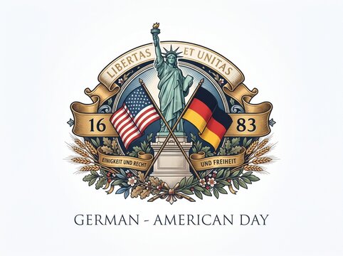 German-American Day emblem featuring the Statue of Liberty, the US flag, and the German flag with 'Libertas et Unitas' and the year 1683, symbolizing historical friendship and heritage.