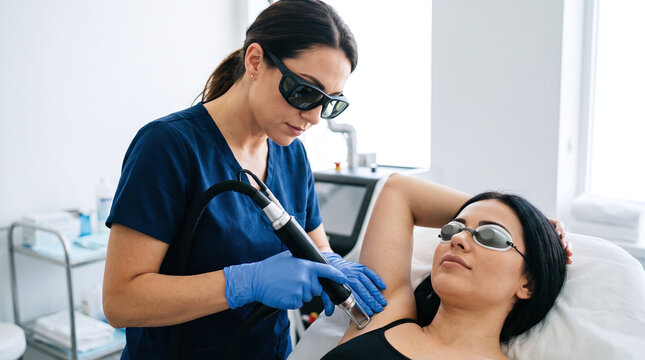 Beautician performing laser hair removal on woman underarm in modern clinic