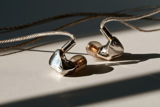 Polished chrome and gold in-ear monitors resting on a light surface with shadows