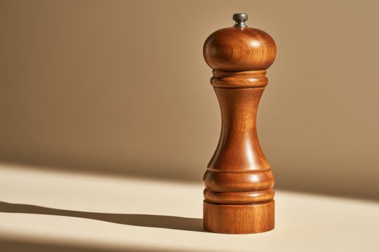 Wooden pepper mill standing on a beige surface, casting a long shadow