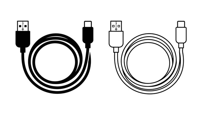 Usb cable with usb a and usb c connectors black and white line art