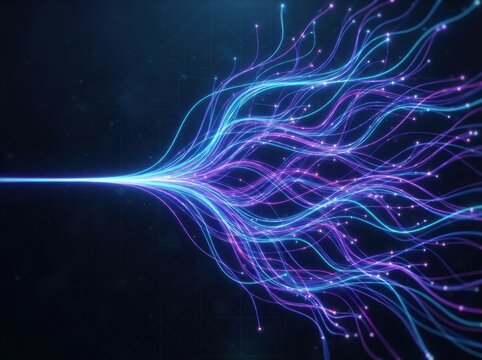 Abstract Digital Network Visualization Showing Data Flowing Into Multiple Glowing Fiber Strands