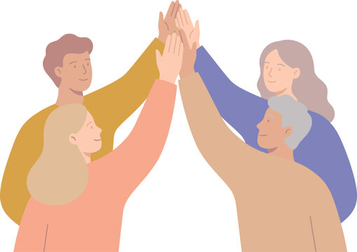Four People Raising Hands Together In A Group High Five