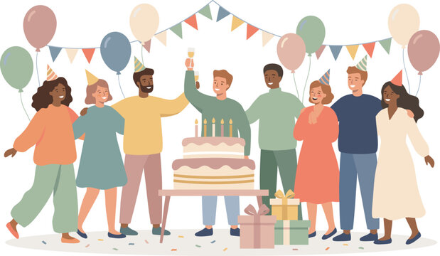 Group Of Friends Celebrating Birthday Party With Cake And Balloons