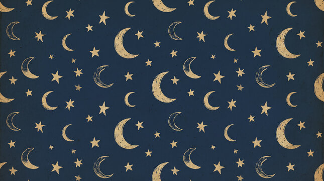 Seamless pattern with hand drawn vintage crescent moons and stars on dark blue background with copy space