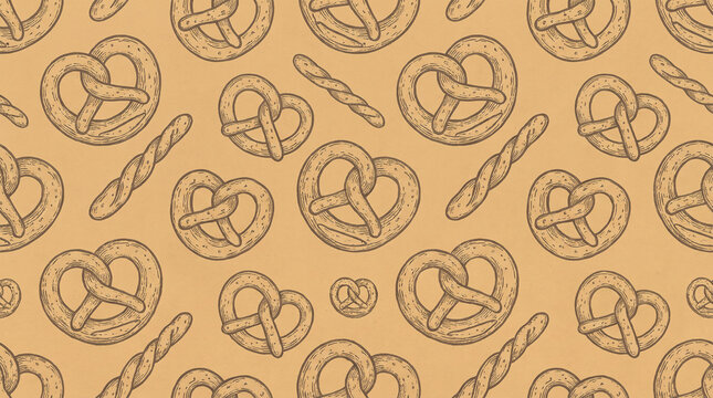 Seamless pattern with hand drawn vintage pretzel and bakery products on warm kraft paper background with copy space