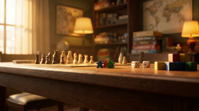 Board game collection with wooden meeples dice chess set and colorful blocks on table with copy space