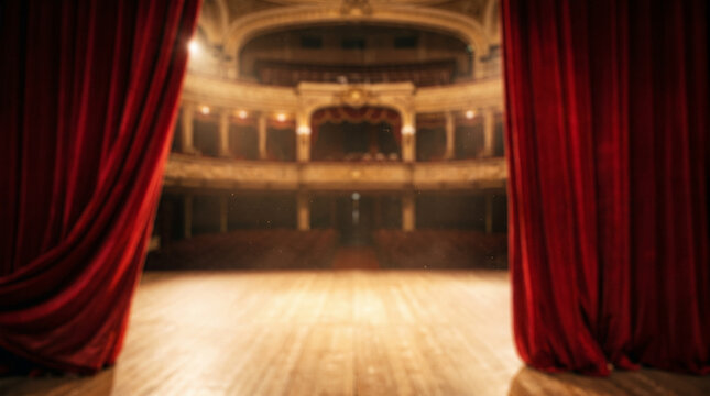 Empty classic theater stage with red velvet curtains open to auditorium background with copy space