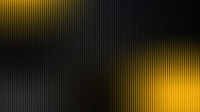 Dark vertical striped background texture with glowing yellow highlights and metallic parallel lines pattern for futuristic tech designs, industrial aesthetics, and dark mode interface elements.