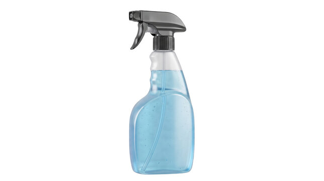 Blue cleaning spray bottle filled with liquid glass cleaner isolated on a white background, concept of household hygiene and chores