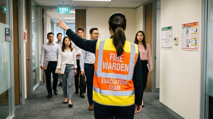 Obraz premium Female fire warden directing office employees during an evacuation drill. Woman in high visibility vest pointing towards exit sign in hallway. Safety training and emergency preparedness concept