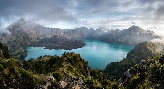 Mount Rinjani crater lake Segara Anak, Lombok, Indonesia, turquoise volcanic lake within a vast caldera