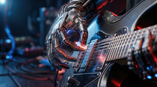 Dynamic close-up of advanced robot hand playing an electric guitar. Metallic android fingers with glowing pick strumming strings with motion blur. Futuristic music and in neon light