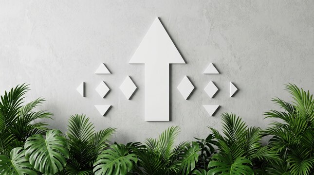 Large white upward pointing arrow symbol mounted on a textured concrete wall surrounded by green tropical plants