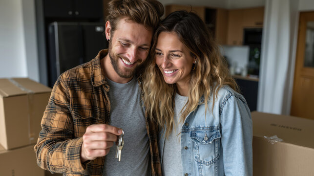 Happy young couple celebrating new homeownership with keys, smiling family and cardboard boxes in modern home interior