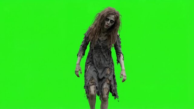 Scary zombie woman walking on a green screen background, chroma key
