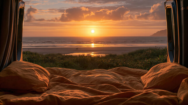 Stunning sunset view over ocean beach from cozy camper van bed interior