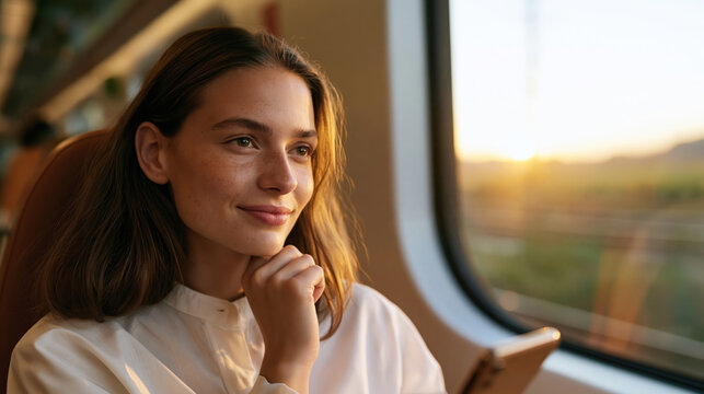 Young woman thoughtful looking out window during sunset travel journey
