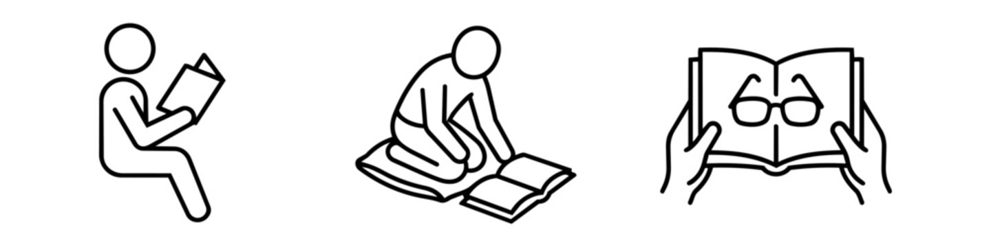 Minimalist black line art icons set depicting people reading books in different poses and hands holding an open book with eyeglasses, ideal for education and literacy themes.