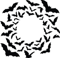 Fototapeta premium Silhouette of flying bats arranged in a circular frame on a white background