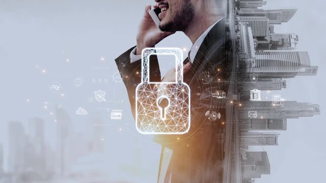 Cybersecurity protection system showing password encryption, fingerprint ID, cloud security, email, credit card, and database lock for secure data access Marrow